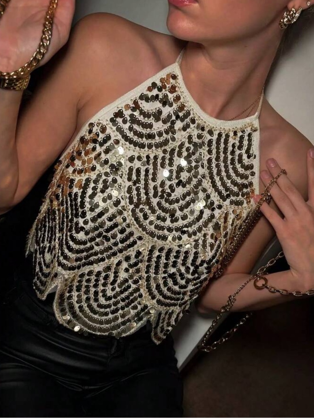 Gold Sequin Halter Crop Top - Women's Party Top - Picture 7 of 8
